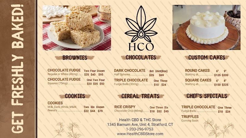 Health THC & CBD Cannabis and Stratford Bakery of Cookies, Brownies, Gummies and Cold Brew Coffee Drinks